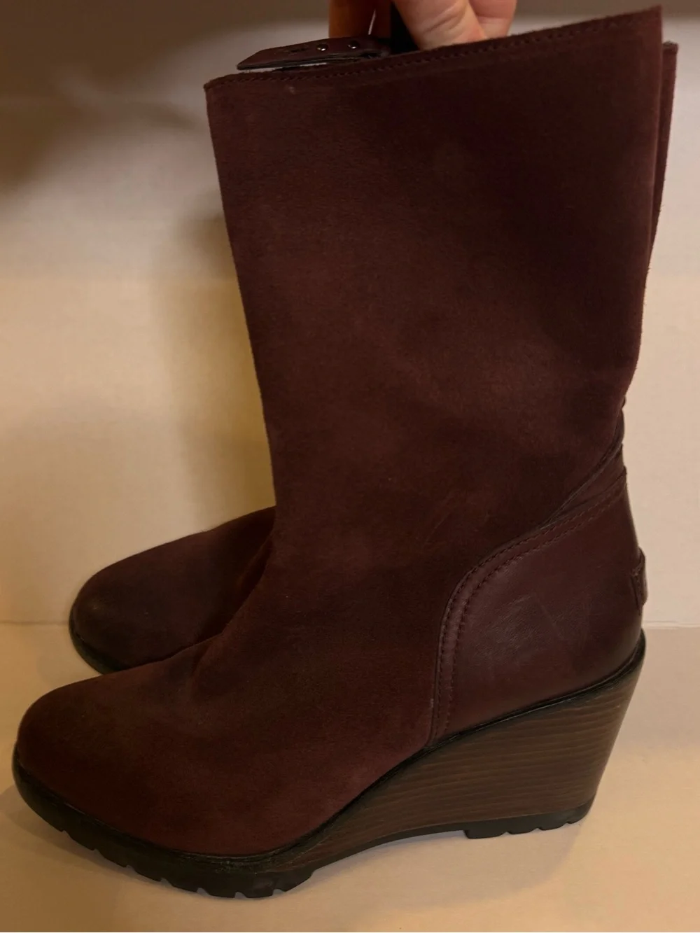 Sorel After Hours Wedge Heel Suede Leather Boots Redwood Burgundy Brown Size 8